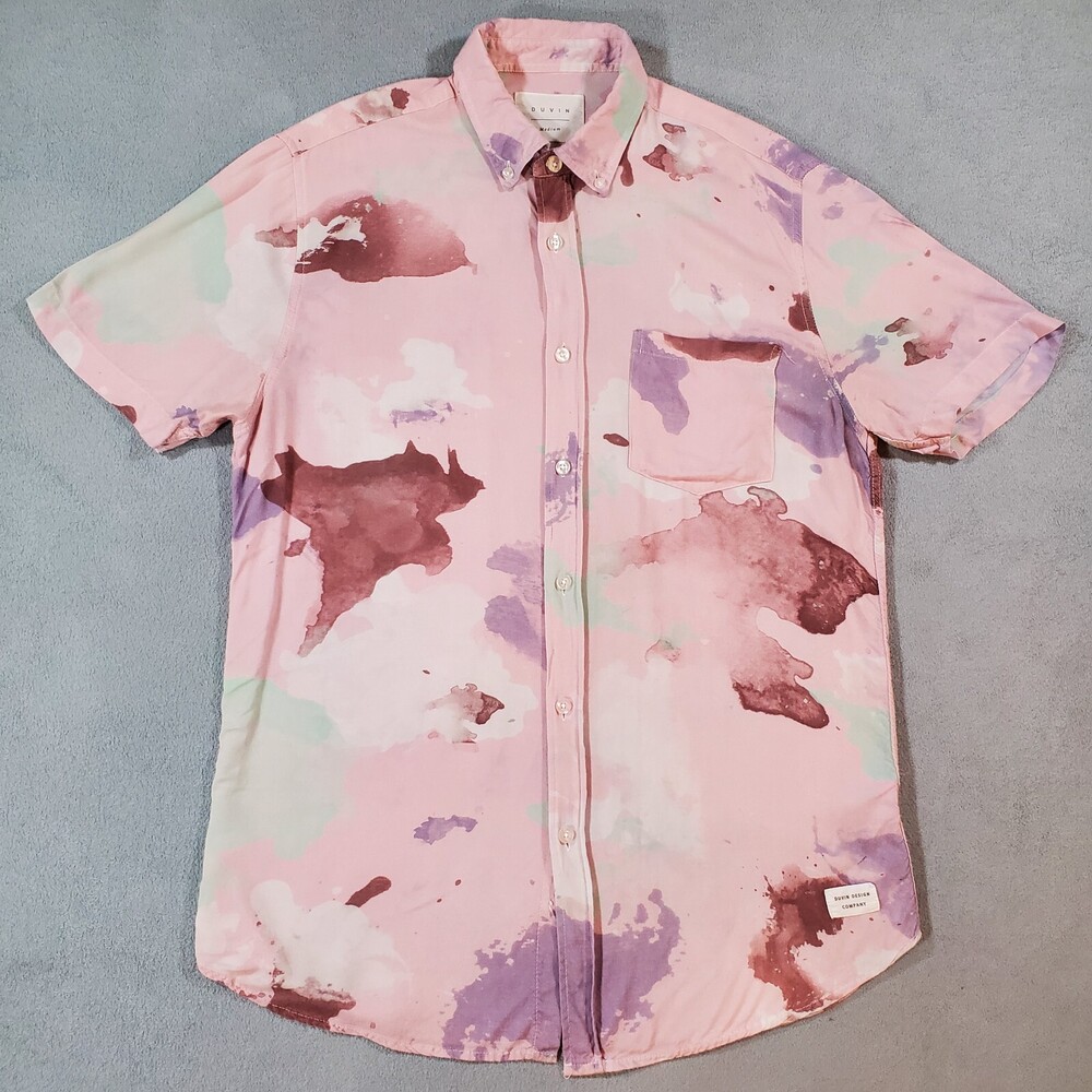 Duvin Shirt Men Medium Colorful Abstract Water Color Design Button Down Boho